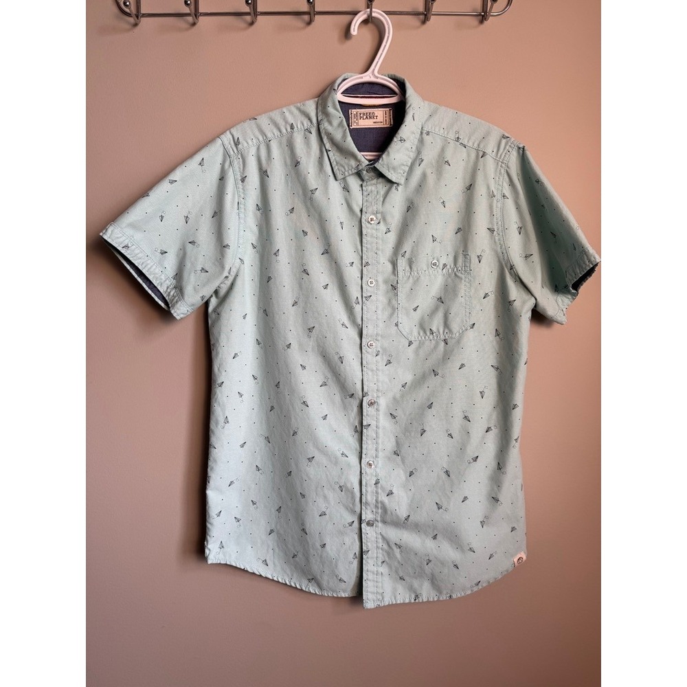 Free Planet Paper Airplane Print Button Up Shirt M Short Sleeve Indie Preppy
